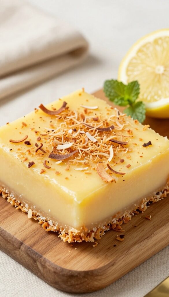 Coconut lemon bar with toasted coconut topping on a wooden board with lemon slices and mint.