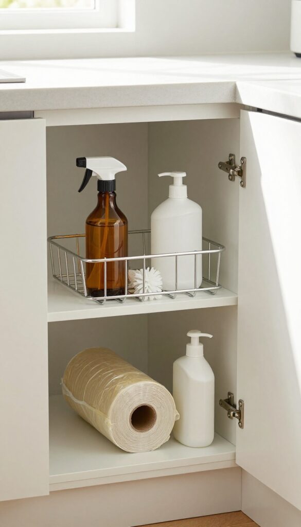 Open under-sink cabinet with door-mounted rack holding cleaning supplies, organized and tidy.