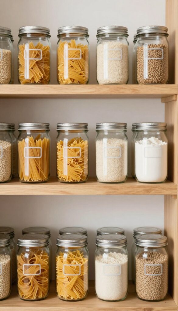Clear glass jars filled with dry goods on a pantry shelf, creating a calm and organized look.