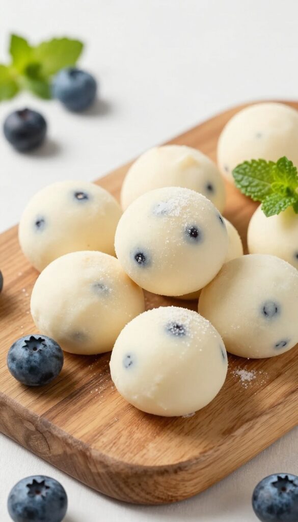 Blueberry muffin fat bombs on a wooden board with fresh blueberries and mint