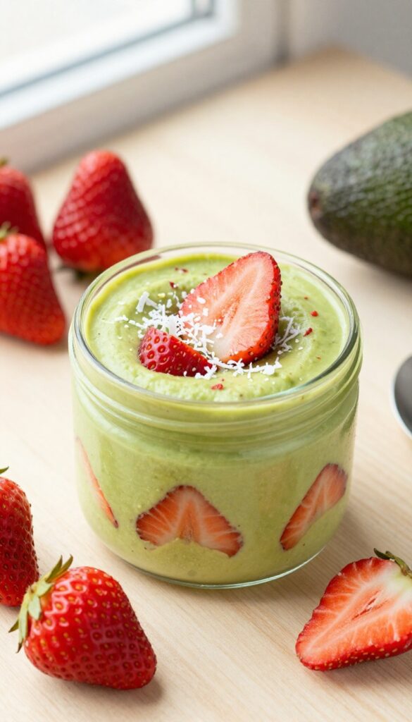 Avocado strawberry mousse in a glass jar with strawberry and coconut garnish