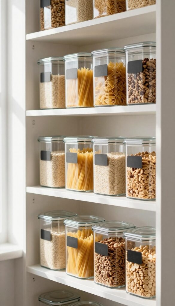 Clear acrylic canisters neatly arranged on open pantry shelves, filled with dry goods, in bright natural light.