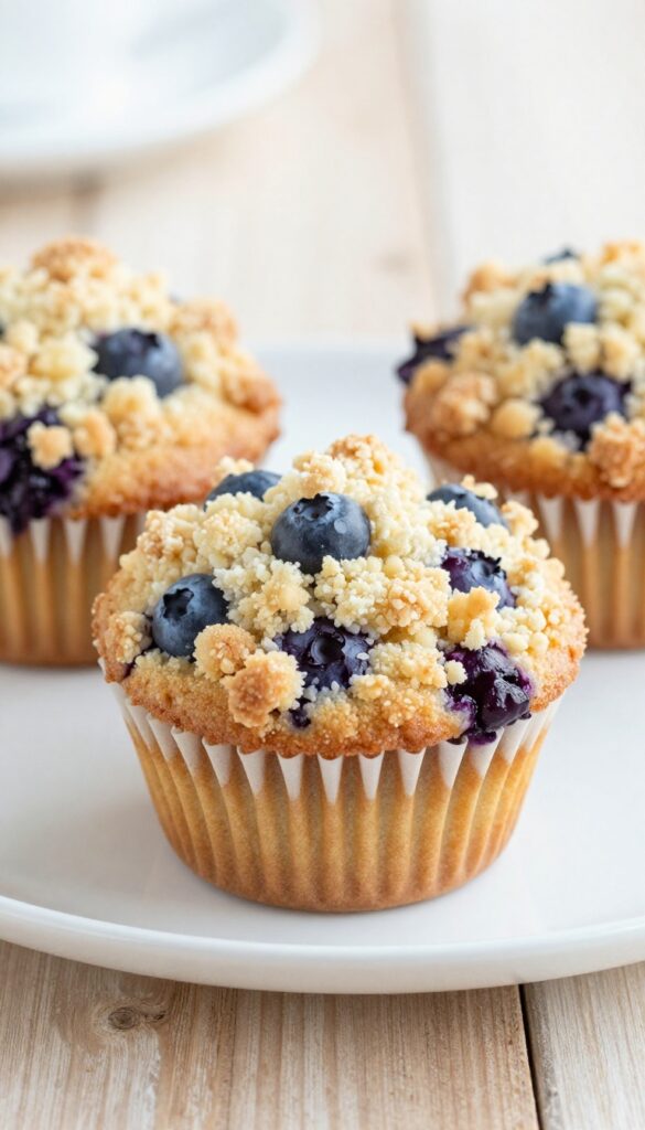 Slice of classic buttermilk blueberry muffin cake with streusel topping on a white plate, rustic wooden table, natural sunlight.