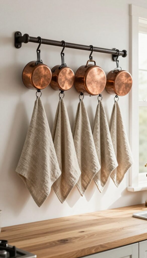 Kitchen with pot rack holding pots and hanging linen towels in earth tones, rustic style, bright natural light