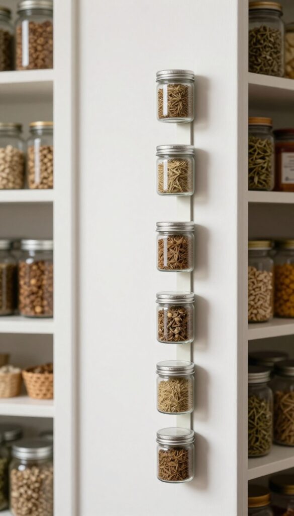 Magnetic spice strips on pantry door, tins with clear lids neatly aligned, natural light, clean composition