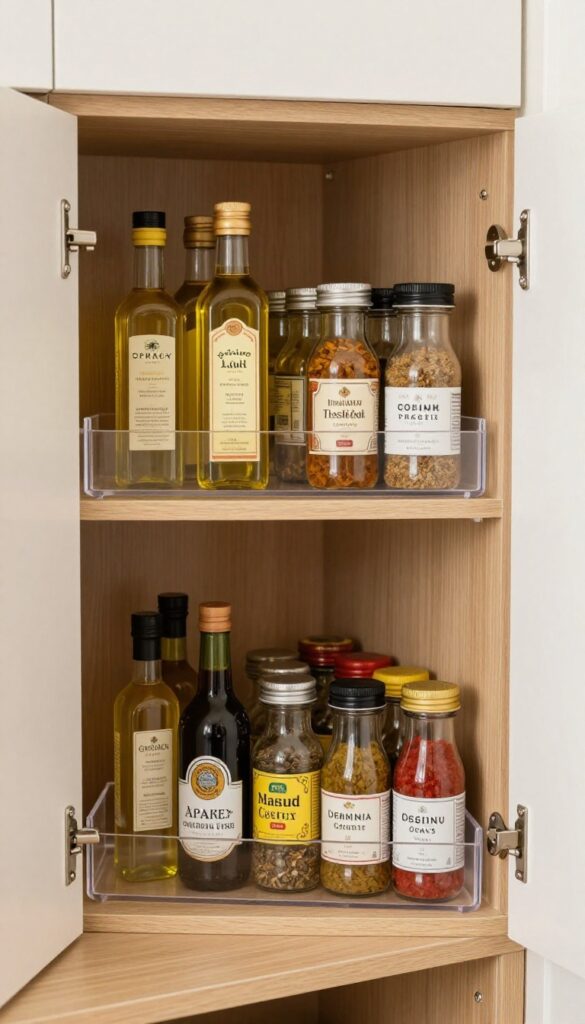 Narrow pantry corner with a clear lazy Susan holding oils, vinegars, and spice jars on a middle shelf, organized and accessible.