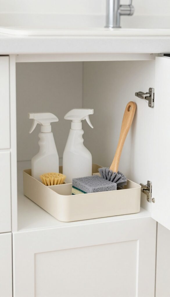 Under sink caddy holding cleaning essentials in a neat, organized cabinet