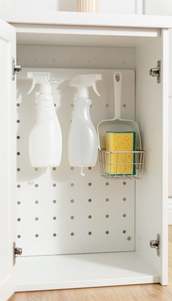Under sink cabinet with white pegboard organizing cleaning supplies