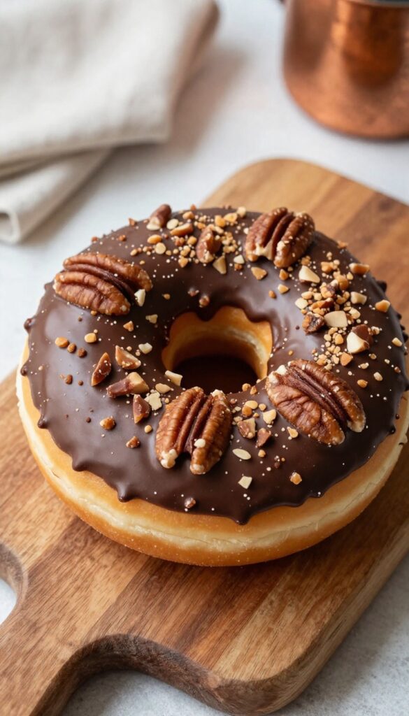 Chocolate frosted donut with crushed pecans on a wooden board