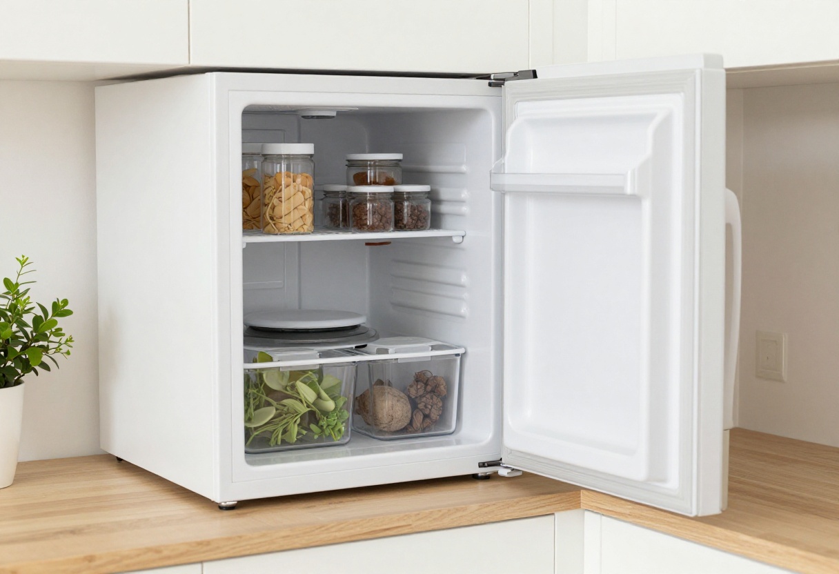 Open mini fridge with clear bins and organized food in a bright kitchen