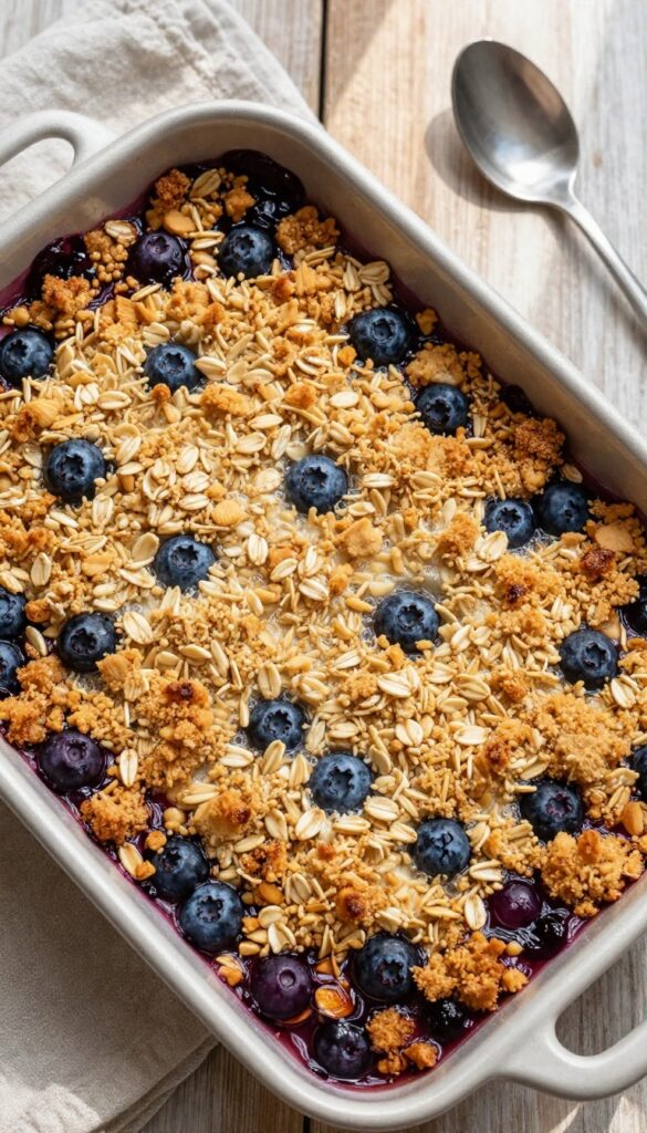 Overnight oat blueberry cobbler in a baking dish, golden topping and bubbly blueberry filling, morning light, rustic setting.