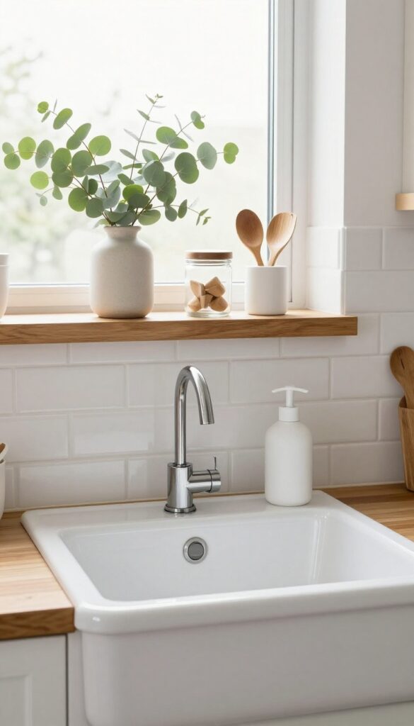 Warm wood floating shelf above kitchen sink with eucalyptus, wooden spoons, and soap bottle