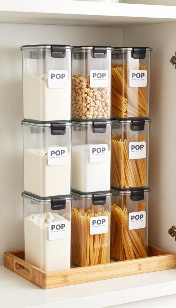 Stacked clear OXO POP canisters on a pantry shelf, showing flour, sugar, and pasta, with a bamboo tray underneath.