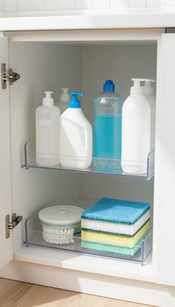Under sink cabinet with clear acrylic lazy Susan holding cleaning supplies, organized and accessible.