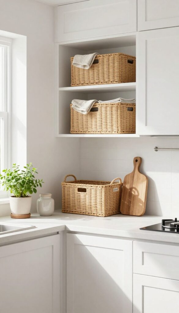 Under-shelf baskets in a kitchen holding towels and a cutting board, with natural light and clean counter.