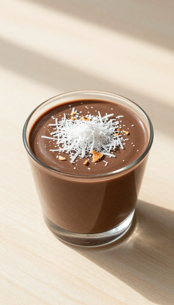 Coconut cream chocolate mousse in a glass cup with shredded coconut topping on a wooden table