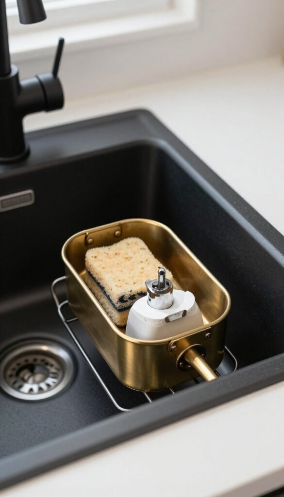 A slim caddy for sponges and soap sitting inside a kitchen sink, keeping counters clean and clutter-free.