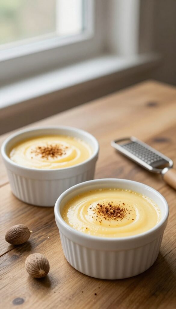 Baked vanilla custard cups with nutmeg on a wooden table