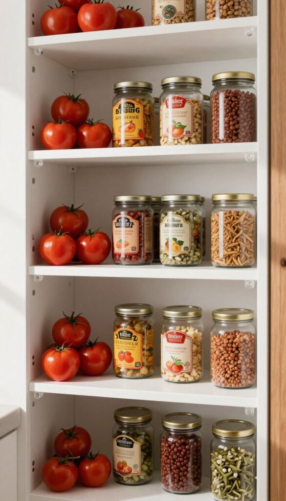 Deep pantry shelf with tiered acrylic risers displaying canned goods and jars in neat rows.