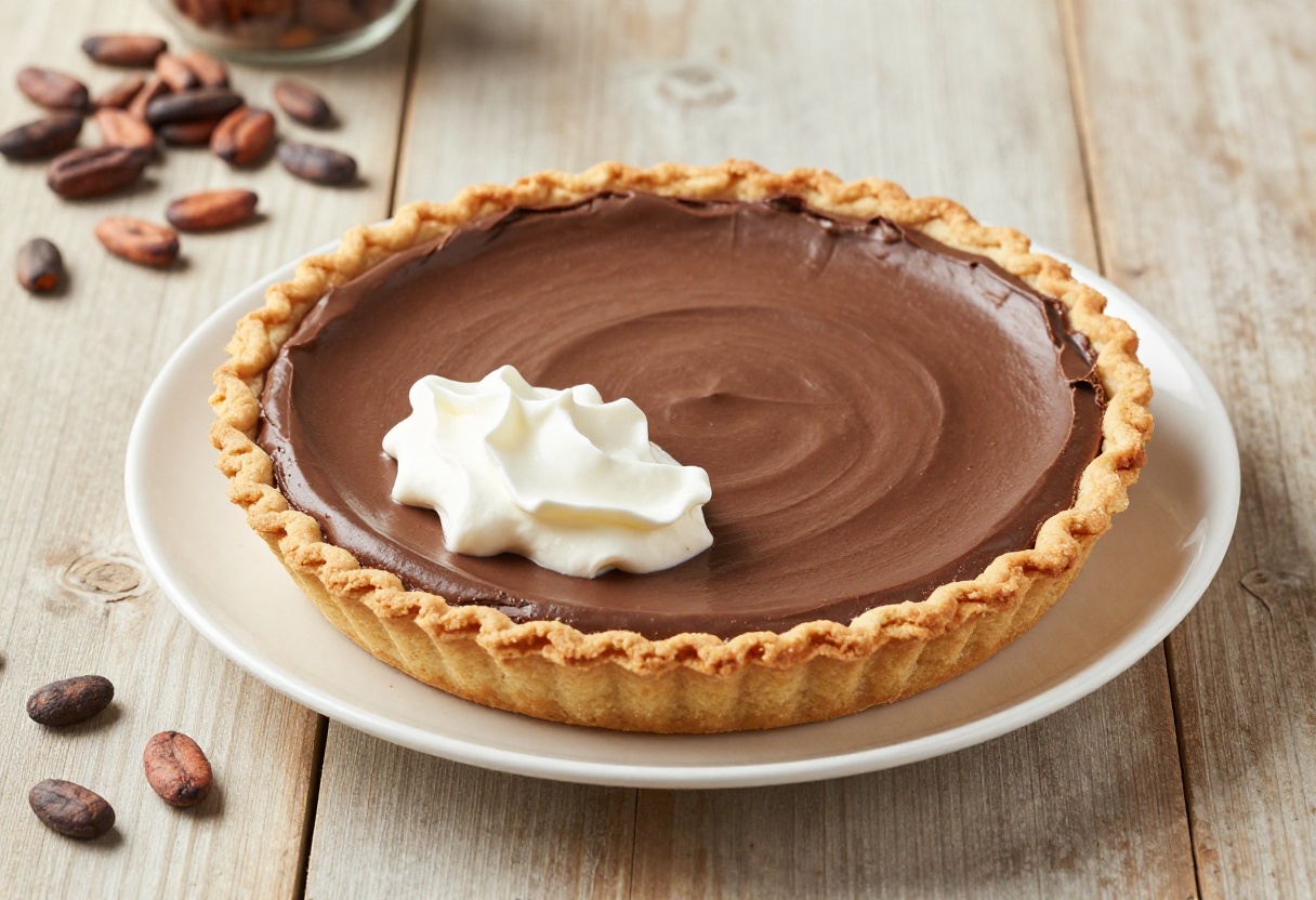 Slice of gluten free chocolate cream pie on a white plate with whipped cream