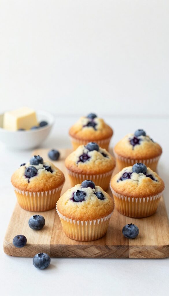 Six keto blueberry muffins on a wooden board with blueberries and butter