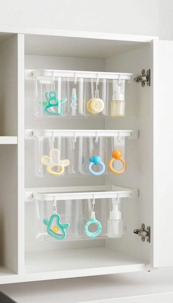 Clear hanging organizer inside a kitchen cabinet door with baby small items neatly stored in pockets.