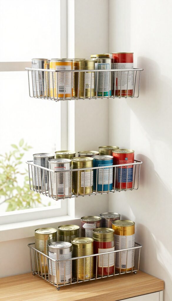 Sliding metal wire baskets filled with canned goods in a bright pantry