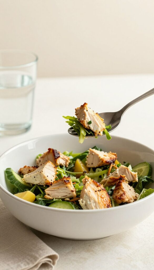 Spoonful of Chicken Waldorf Salad with apple and walnut pieces visible.