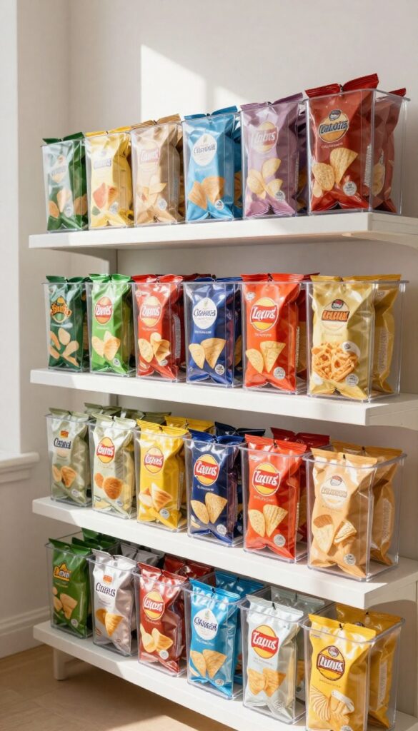 Clear bins for vertical stacking in a pantry, with chip bags standing upright inside each bin, creating an organized and tidy display.