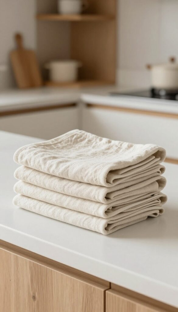 Ceramic crock filled with folded towels on a kitchen counter, creating a cozy and organized look.