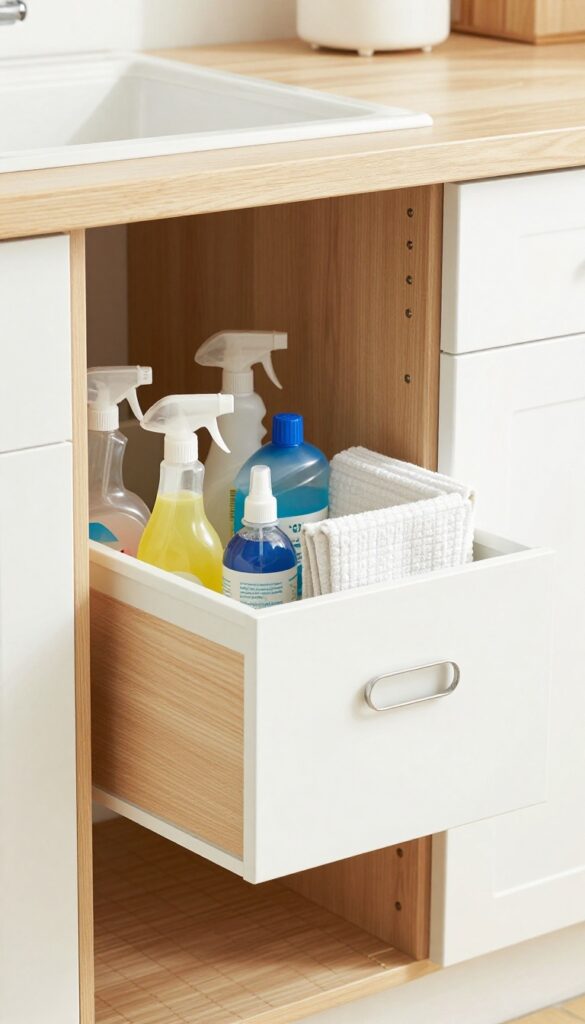 Slim pull-out tray under kitchen sink neatly organizing cleaning supplies