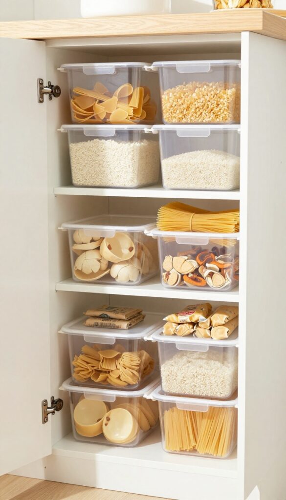 Clear stackable bins in a pantry cabinet, organized with labels and visible dry goods, bright natural light.