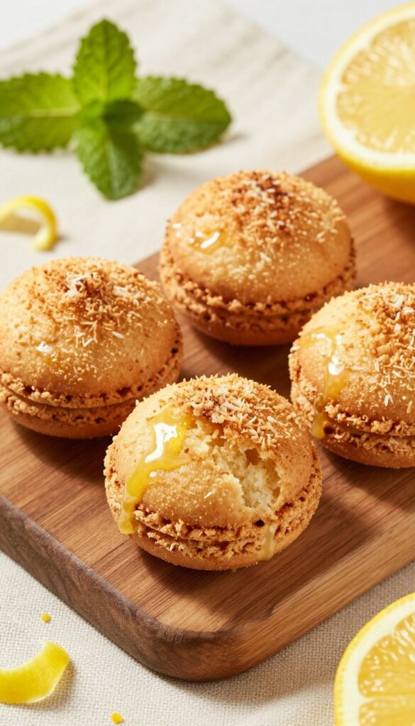 Golden-brown lemon zest coconut macaroons on a wooden board with lemon zest and mint.