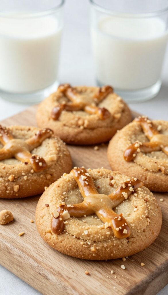 Peanut butter pretzel crunch cookies with crushed pretzels and fork marks, on a wooden board.