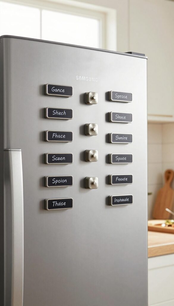 Magnetic spice tins on the side of a stainless steel Samsung fridge, creating a handy and stylish spice rack.