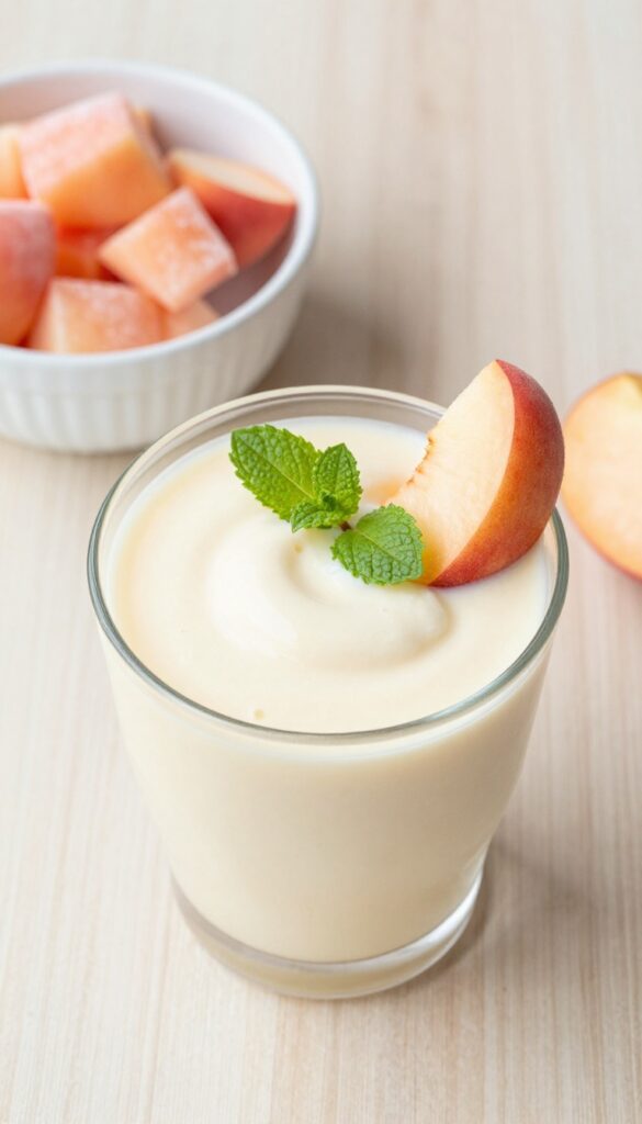Peach vanilla smoothie in a glass with peach slice and mint on a wooden table