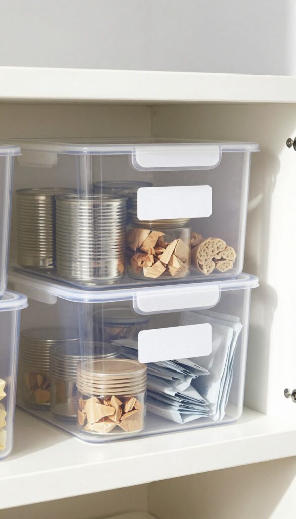 Clear plastic bins with labels on a garage pantry shelf, neatly organizing cans and jars for easy visibility.