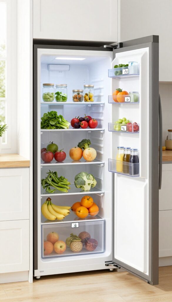 French door refrigerator with labeled shelves for family organization in a small kitchen