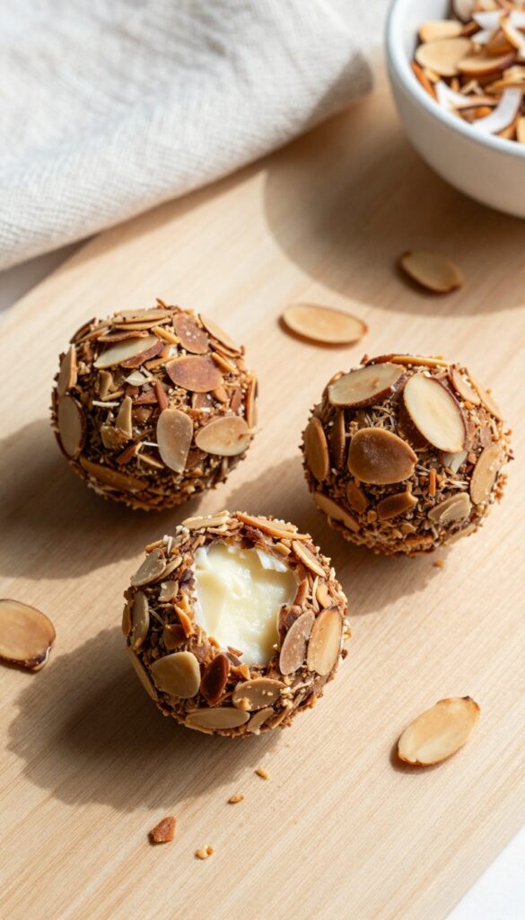 Three keto coconut almond truffles coated in sliced almonds on a wooden surface with scattered almonds and shredded coconut.