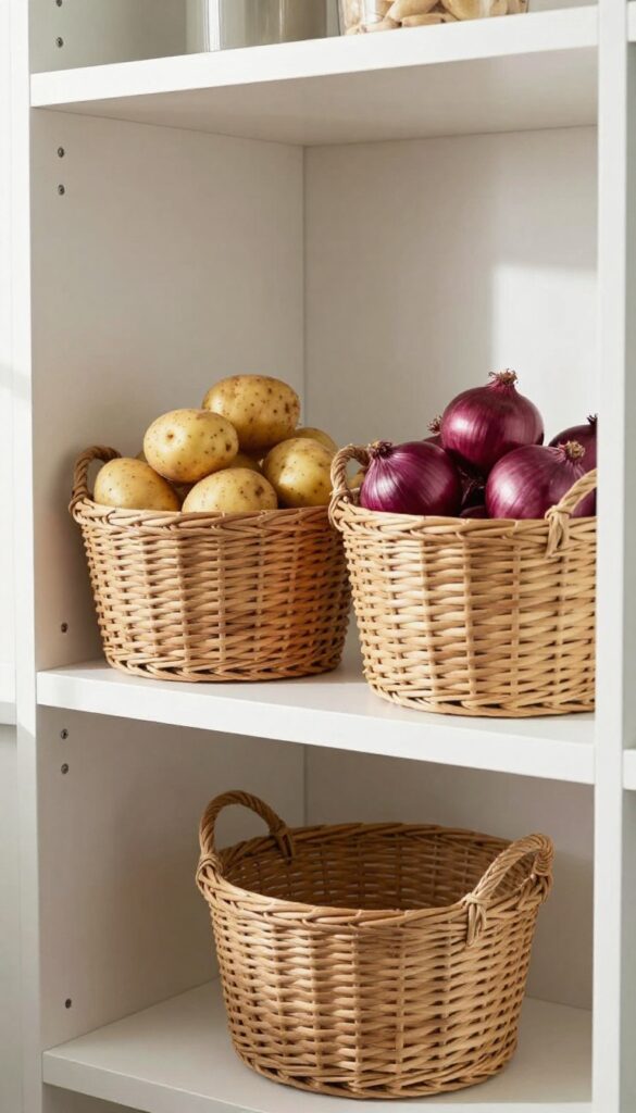 Woven seagrass baskets filled with potatoes and onions on a white pantry shelf