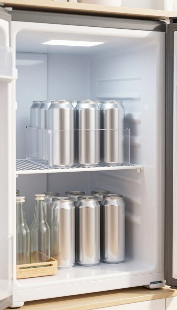 Mini fridge interior with a clear acrylic stackable can dispenser holding silver soda cans, a small tray and glass bottles beside it, organized and tidy.
