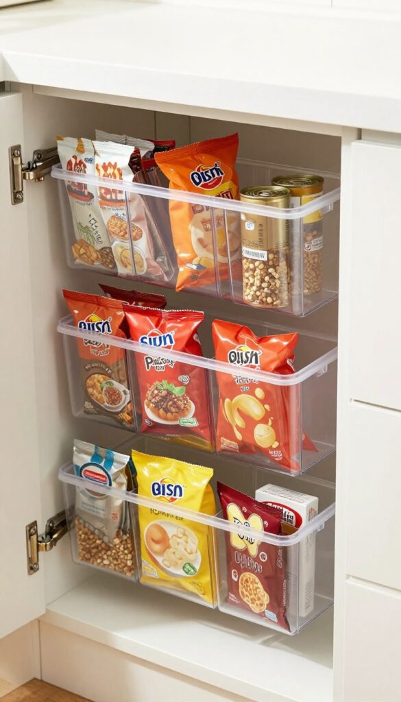 Clear over-the-door shoe organizer on pantry door filled with spice packets and snack bags