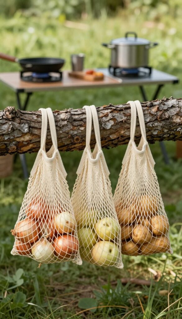 Mesh bags hanging from a tree branch filled with fresh produce in a camp kitchen setup.