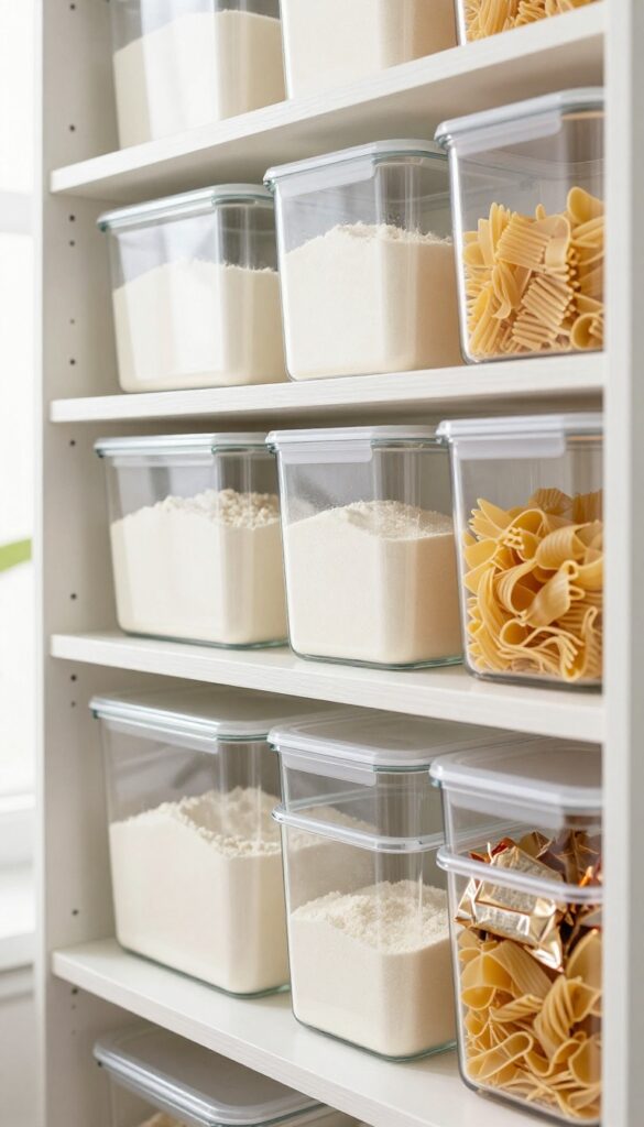 Organized pantry shelf with clear containers for staples like flour, sugar, pasta, and snacks, neatly stacked in bright natural light.