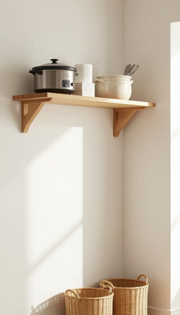 Narrow floating shelf above pantry door frame storing slow cooker, paper towels, and ceramic crock