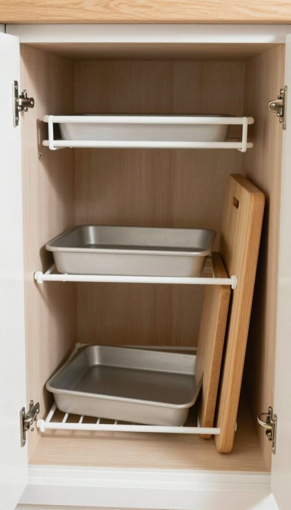 Deep kitchen cabinet with baking sheets and cutting boards organized upright using a vertical tension rod divider.