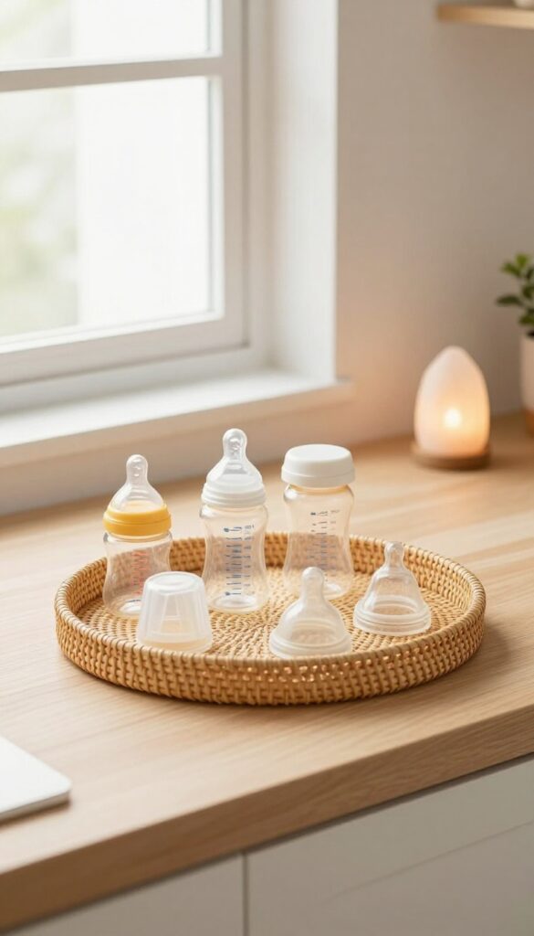 Light wood tray on kitchen counter with neatly arranged baby bottles, caddy, small plant, and salt lamp in bright natural light.