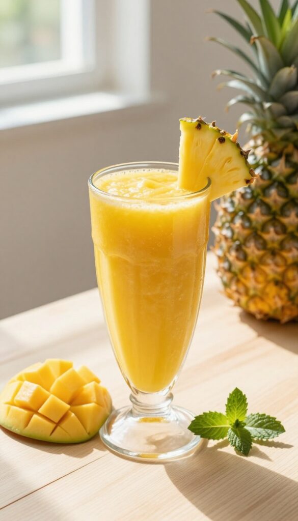 Mango pineapple tropical smoothie in a glass with fresh fruit garnish on a wooden table