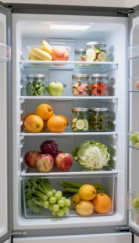 Open refrigerator with clear acrylic shelf risers creating layered tiers, filled with organized jars and fresh produce, bright natural lighting.