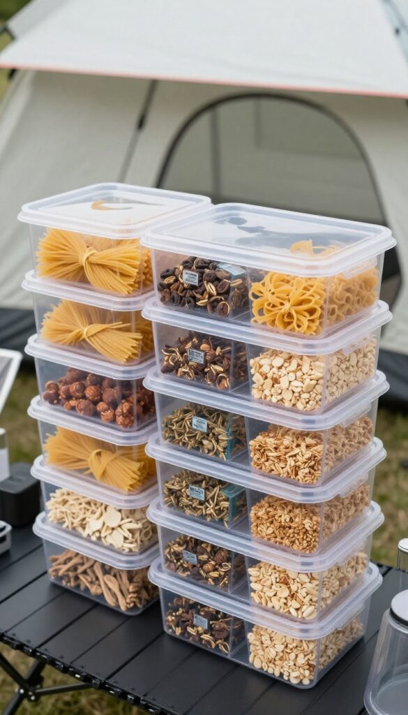 Clear stackable plastic bins organized with dry goods and snacks in a camping kitchen setup.